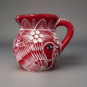 Mexican Red Clay Mug Hand Painted Folk Art Cup Red White Birds Floral Pottery